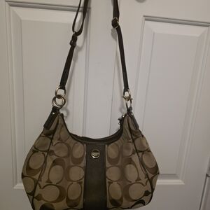 Coach Brown and Tan Signature Shoulder Bag